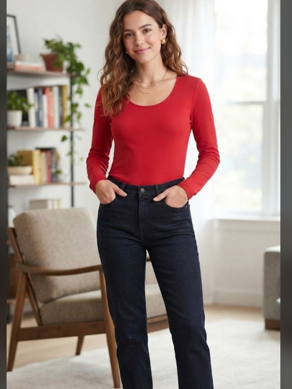 EILEEN FISHER Lipstick Red Rayon Blend Scoop Neck Long Sleeve Tee Top Size Small